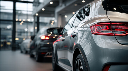Obraz premium Close up of silver cars in a row inside a car dealership with lights and windows