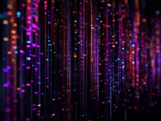 Abstract Digital Data Stream Background with Vibrant Light Particles and Glowing Vertical Lines, Representing Technology, Internet, and Communication Networks.