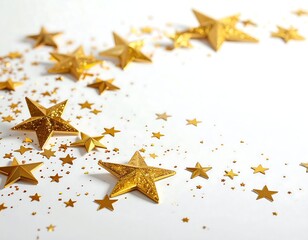 Gold stars and glitter confetti on white background