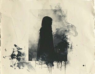 Silhouette of a hooded figure, framed by ink splatters