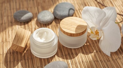 A photograph showcasing two elegant face cream jars arranged on a textured bamboo surface.