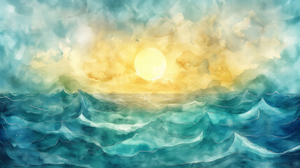Concept of Day 2 Separation of Waters, watercolor illustration of ocean waves and bright sky with sun. Symbolic biblical artwork of creation, spirituality, divine order and genesis inspiration.