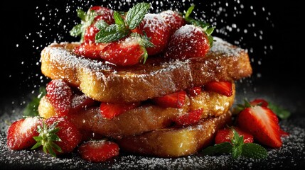 Delicious sweet dessert consisting of crispy French toast slices layered with fresh strawberries dusted with powdered sugar and surrounded by scattered berries with a dark background