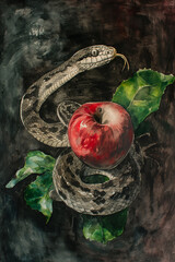 Watercolor illustration of snake wrapped around apple, symbolic artwork of forbidden fruit, temptation, Garden of Eden, spirituality, mythology, sin and dramatic dark background concept painting.
