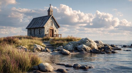 Small historic rustic wooden church with steeple and cross overlooking rocky shoreline on calm ocean with cloudy sky du daytime