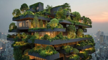 Modern architectural eco-friendly skyscraper with lush greenery and multiple terraces integrated into urban skyline at dusk featu innovative sustainable design
