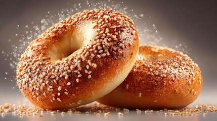 Close-up of two golden brown bagels covered with sesame and poppy seeds, resting on a reflective surface with scattered seeds around, bright and warm lighting