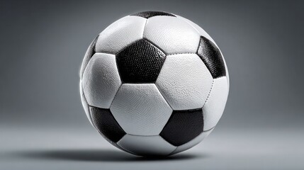 High-Resolution Classic Black and White Soccer Ball with Detailed Texture and Modern Design on Smooth Gray Background for Sports, Recreation, and Athletic Activities