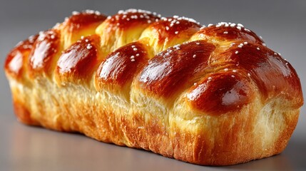 Close-up of freshly baked golden-brown bread roll with glossy crust and soft interior, perfect for breakfast or sandwiches, on a gray background