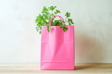 A bright pink shopping bag, filled with fresh parsley, sits on a light wooden surface against a textured white wall.