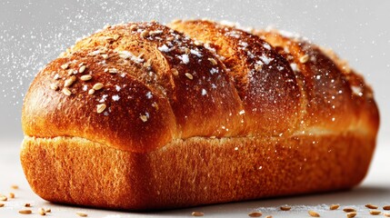 Freshly baked golden brown bread roll with a soft texture and sprinkled with sugar crystals and oats, ideal for breakfast or snack, close-up detailed shot