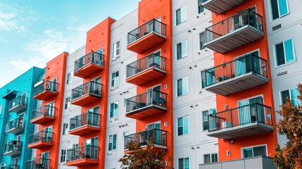 Colorful modern apartment building with multiple balconies and large showcasing contemporary urban residential architecture with vibrant exterior design