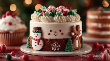 Festive Christmas Cake with Snowman and Reindeer Decorations, Red and Green Frosting, Christmas Tree Toppings, Holiday Celebration Dessert