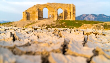 Dried earth foreground, ancient ruins background