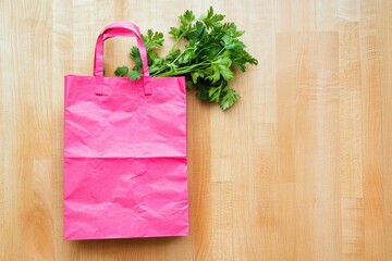 Vibrant pink paper shopping bag sits atop a light beige wooden surface, accompanied by a bunch of fresh green parsley.