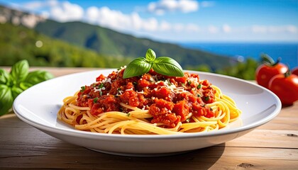 Plate of spaghetti with tomato sauce, basil, and cheese, on a wooden table, overlooking mountains and ocean