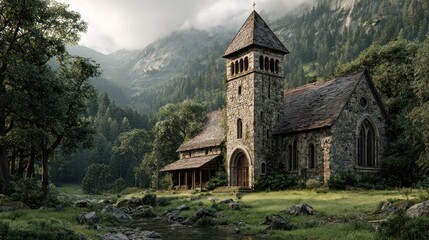 Historic stone church with tall steeple surrounded by lush greenery and mountains in a peaceful serene rural landscape du daytime