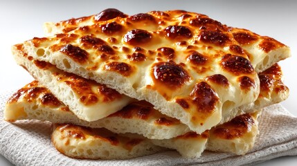 Crispy cheesy baked pizza bread slices with melted cheese and golden brown crust, delicious appetizer or snack for pizza lovers, close-up view