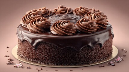 Delicious Rich Chocolate Layer Cake with Smooth Icing and Swirling Chocolate Frosting Garnished with Edible Silver Sprinkles for Celebrations and Dessert Treats