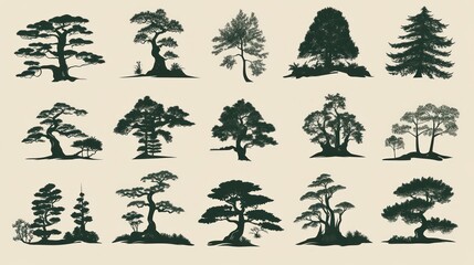 Silhouettes of various trees