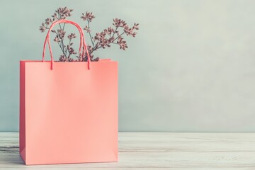 A light-pink shopping bag sits on a white wooden surface, featuring a delicate dried flower arrangement within.