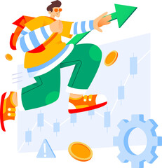 Man Leaping with Green Arrow and Growth Chart on Transparent Background Finance Business Vector Illustration