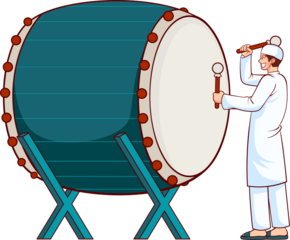 Man Plays Blue Drum with Sticks in Cartoon Style Isolated on Transparent Background Eid al Fitr Celebration Cultural Performance Illustration