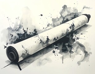 Rolled scroll depicting landscape with ink washes