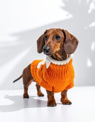 Dachshund puppy in an orange sweater