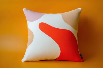 A decorative throw pillow with a modern abstract design showcases a mix of soft peach, coral, pink, and bright red shapes on a crisp white background.
