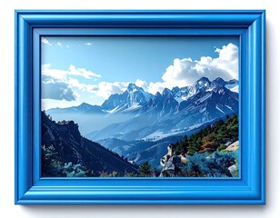 A framed landscape image of snow-capped mountains