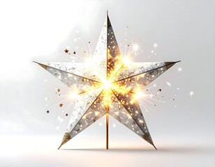 A stylized, metallic starburst explodes with golden sparks