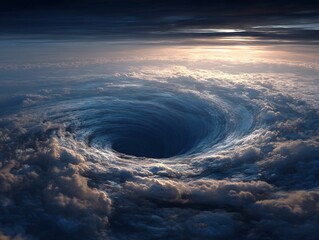 Aerial view of a massive swirling cloud vortex, revealing a deep blue abyss within a dramatic sky at sunrise or sunset.
