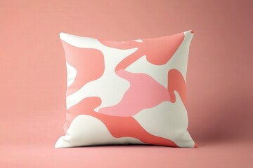 A decorative pillow featuring a playful, abstract pattern of soft coral and pale pink shapes on a cream background.