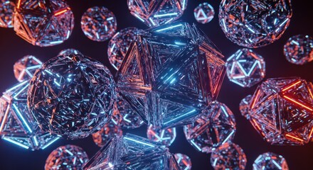 Abstract polygonal shapes floating in dark space, illuminated with vibrant blue and red neon glows