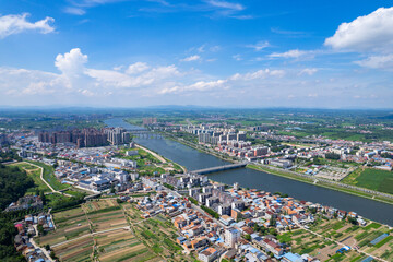 Yandi city sprawl by river, Sui County, Suizhou, Hubei, China shows urban development along water.