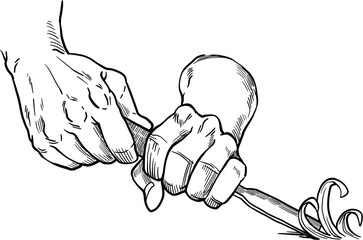 Monochrome Graphic Illustration of Hands Holding Apple in Black and White Detail on Transparent Backdrop