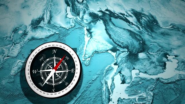 Close-up of navigational compass on blue background. nautical navigation tools. Compass, map, direction. black compass with nautical background. animation Modern Minimalist Compass Background.