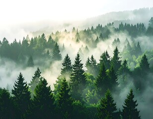 Misty forest landscape with pine trees. Sunlight filters through the fog