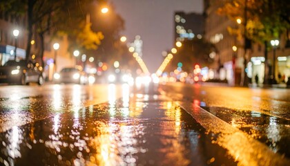 Obraz premium Rain falling on wet asphalt at night, creating reflections of city lights and buildings