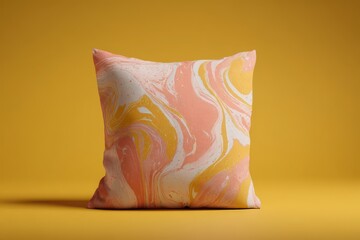 A decorative throw pillow displays a captivating swirl design in muted pinks and golds against a vibrant mustard background.