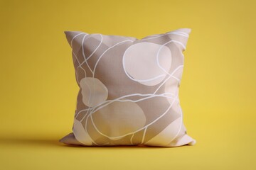 A decorative pillow showcasing a beige and cream abstract pattern on a bright yellow background.