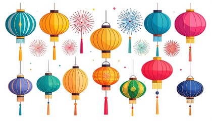 Colorful lanterns and fireworks celebrate a festive occasion