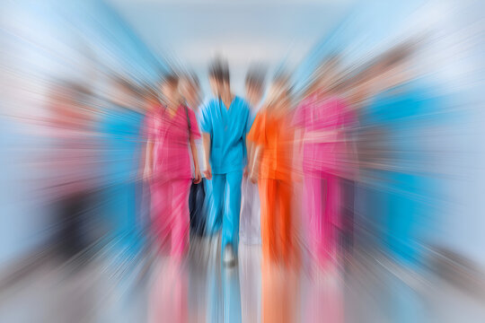 Medical Team Walking in Hallway Blurred with Motion Effect, motion blur Business concept, motion bokeh background