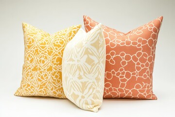 Three decorative throw pillows in warm yellow, cream, and terracotta showcase intricate patterns against a plain background.