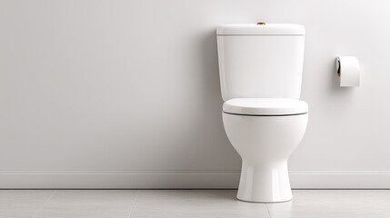 Discovering serene functionality A pristine white porcelain commode elegantly situated within a brightly lit minimalist bathroom complete with a fresh ready to use roll of essential paper.
