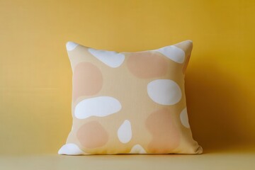 A decorative cushion displays a pattern of soft, muted peach and cream abstract shapes against a bright mustard yellow backdrop.