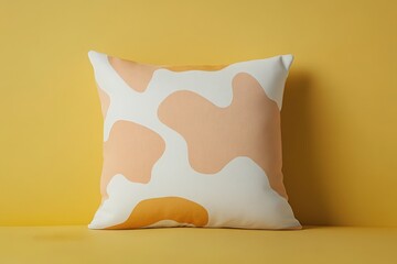 A square decorative pillow with a playful abstract cow print design stands out against a bright yellow backdrop.