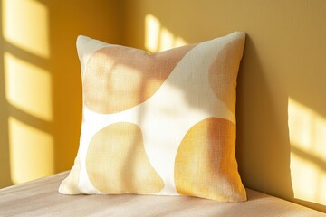 A decorative throw pillow, featuring a design of muted, organic shapes in warm, earthy tones, rests against a soft yellow backdrop, bathed in gentle sunlight.