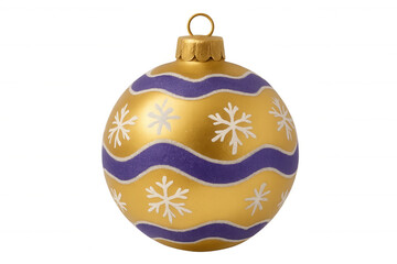 Christmas bauble displaying gold and glitter purple stripes with white snowflakes for festive holiday decorating